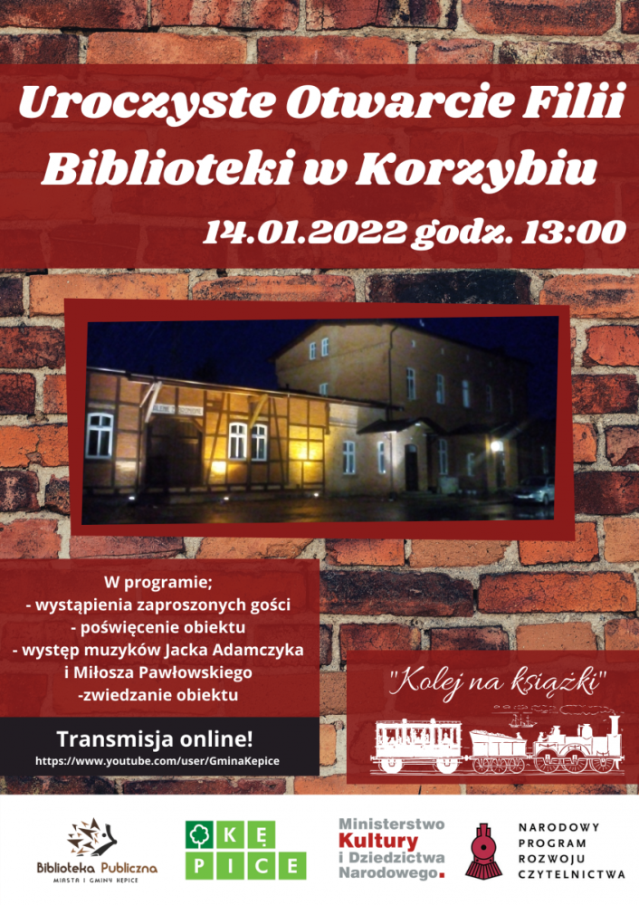 Plakat informujący o otwarciu filii biblioteki w Korzybiu.